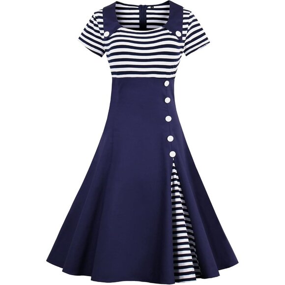 Women's Vintage Pin Up A Line Stripes Sailor Dress Cotton Polyester Spandex - Picture 2 of 7